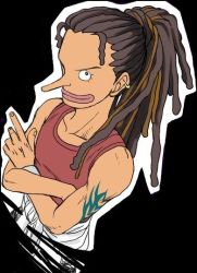 Rule 34 | 1boy, brown hair, crossed arms, earrings, eyelashes, dreadlocks, jewelry, long hair, long nose, male focus, multicolored hair, one piece, smile, solo, tattoo, usopp