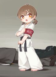 Rule 34 | 1girl, :o, absurdres, armband, barefoot, black footwear, black sash, blush, brown footwear, brown hair, chinese commentary, commentary request, dot nose, dougi, formal, full body, highres, karate gi, knife, kuma-bound, looking at viewer, looking to the side, lower teeth only, medium hair, multiple boys, original, outline, pants, red armband, red eyes, sash, shirt, short twintails, sleeves past elbows, solo focus, standing, suit, teeth, toes, twintails, v-shaped eyebrows, white outline, white pants, white shirt