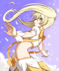 Rule 34 | 10s, 1girl, blonde hair, bow, chemical-x, cure sunshine, earrings, heartcatch precure!, jewelry, long hair, looking back, magical girl, midriff, myoudouin itsuki, orange bow, petals, precure, purple background, skirt, solo, twintails, yellow eyes, yellow skirt