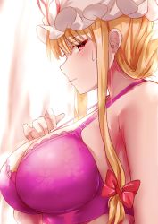 Rule 34 | 1girl, backlighting, bare shoulders, blonde hair, blush, bow, bra, breasts, closed mouth, expressionless, from side, hair bow, hair ribbon, hand on own chest, hand up, hat, hat ribbon, highres, large breasts, long hair, looking at viewer, mirufui, mob cap, overexposure, profile, purple bra, red bow, red eyes, red ribbon, ribbon, sidelocks, sideways glance, solo, sweat, touhou, tress ribbon, underwear, upper body, white hat, yakumo yukari