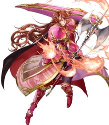 Rule 34 | armor, armored boots, boots, brown hair, fire, fire emblem, fire emblem: mystery of the emblem, fire emblem: new mystery of the emblem, fire emblem heroes, full body, gloves, highres, knee boots, long hair, mayo (becky2006), nintendo, official art, pink footwear, red eyes, sheena (fire emblem), shield, solo, teeth, transparent background, very long hair