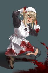 Rule 34 | 1girl, apron, arms up, black thighhighs, blonde hair, blood, blood on clothes, blood on ground, blood on hands, blood on shoes, blue background, blunt bangs, blush, boku no hero academia, character name, double bun, eyebrows hidden by hair, fangs, hair bun, hat, heart, highres, long sleeves, looking down, looking to the side, maid, maid apron, maid headdress, messy hair, nose blush, open mouth, over-kneehighs, sadism, shoes, sidelocks, sitting, smile, solo, thighhighs, toga himiko, tongue, tongue out, wariza, white apron, wootsang, yellow eyes, zettai ryouiki