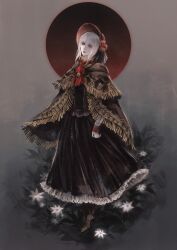 Rule 34 | 1girl, absurdres, ascot, bloodborne, bonnet, brooch, brown capelet, brown dress, brown footwear, capelet, chinese commentary, commentary request, doll joints, dress, expressionless, flower, fringe trim, full moon, grey background, grey eyes, hat, hat flower, highres, huge moon, jewelry, joints, lace, lace-trimmed dress, lace trim, looking at viewer, moon, plain doll, red ascot, red hat, red moon, short hair, solo, standing, white flower, white hair, yu ge wen jiu