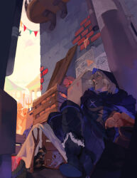 Rule 34 | 3boys, alley, armor, blonde hair, blue eyes, boots, bread, brick wall, cape, cat, commentary, day, dimitri alexandre blaiddyd, fire emblem, fire emblem: three houses, food, from below, fur-trimmed boots, fur trim, gloves, heavy breathing, hiding, highres, holding, holding food, kitten, loaf of bread, male focus, medium hair, multiple boys, nintendo, open mouth, outdoors, plank, polearm, poster (object), taking shelter, trident, weapon, wooden box, worvies
