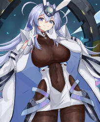 Rule 34 | 1girl, :3, absurdly long hair, absurdres, armor, azur lane, blue eyes, blue hair, bodystocking, breasts, center opening, cleavage, closed mouth, clothing cutout, coat, coat on shoulders, commentary, covered collarbone, covered navel, cowboy shot, dress, elbow gloves, faulds, gloves, hair between eyes, hair intakes, hands up, headgear, highres, kesseil, large breasts, long hair, looking at viewer, new jersey (azur lane), rigging, see-through, see-through cleavage, side cutout, sidelocks, smile, solo, standing, very long hair, white coat, white dress, white gloves