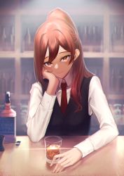 Rule 34 | 1girl, absurdres, bartender, black sweater, blurry, blurry background, brown eyes, closed mouth, collared shirt, glass, hair between eyes, head rest, high ponytail, highres, indoors, long hair, long sleeves, looking at viewer, necktie, original, red hair, red necktie, shirt, sitting, smile, solo, sparkle, sweater, sweater vest, very long hair, white shirt, wing collar, yakushi9kv
