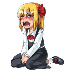 Rule 34 | 04bou, 1girl, blonde hair, blush, crying, crying with eyes open, embodiment of scarlet devil, fangs, female focus, hair ribbon, red eyes, ribbon, rumia, sad, sitting, sobbing, solo, tears, touhou