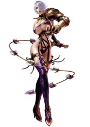 Rule 34 | armor, breasts, cleavage, cleavage cutout, clothing cutout, earrings, gauntlets, hair over one eye, high heels, huge breasts, isabella valentine, jewelry, large breasts, leotard, lipstick, makeup, namco, navel, official art, shoes, short hair, silver hair, simple background, soul calibur, soulcalibur, soulcalibur iv, sword, weapon, whip, whip sword