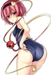 Rule 34 | 1girl, :o, alternate costume, ass, blush, breasts, commentary request, cowboy shot, eyeball, hairband, heart, highres, janne cherry, komeiji satori, looking at viewer, looking back, one-piece swimsuit, pink eyes, pink hair, school swimsuit, short hair, small breasts, solo, swimsuit, third eye, touhou, wet, white background