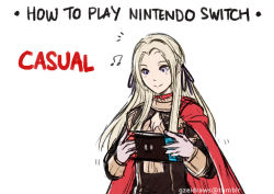 Rule 34 | 1girl, ascot, blonde hair, blue eyes, cape, controller, edelgard von hresvelg, english text, fire emblem, fire emblem: three houses, game console, game controller, gloves, gzei, hair ornament, handheld game console, holding, joy-con, long hair, meme, mole, mole under mouth, nintendo, nintendo switch, playing games, simple background, smile, solo, tumblr username, uniform, white background