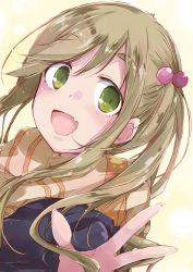 Rule 34 | 1girl, :d, blue coat, blush, brown hair, coat, fang, fingernails, green eyes, hair bobbles, hair ornament, inuyama aoi, long hair, looking at viewer, open mouth, orange scarf, scarf, side ponytail, sketch, skin fang, smile, solo, striped clothes, striped scarf, swept bangs, thick eyebrows, yellow background, yumesato makura, yurucamp