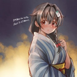 Rule 34 | 1girl, black hair, braid, commentary request, hair flaps, hair ornament, hair over shoulder, hairclip, highres, japanese clothes, jingei (kancolle), kantai collection, kimono, kirisawa juuzou, long hair, looking at viewer, official alternate costume, red eyes, single braid, smile, solo, striped clothes, striped kimono, translation request, upper body, yukata