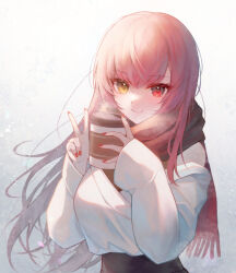 Rule 34 | 1girl, closed mouth, cup, heterochromia, highres, holding, holding cup, hololive, houshou marine, ijac ray, long hair, long sleeves, looking at viewer, red eyes, red hair, red nails, scarf, sleeves past wrists, smile, solo, upper body, v, virtual youtuber, yellow eyes