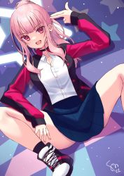 Rule 34 | 1girl, 2022, dated, finger gun, finger gun to head, highres, hololive, hololive english, jacket, mori calliope, open mouth, partially unbuttoned, pink eyes, pink hair, shirt, shoes, sitting, skirt, smile, socks, solo, spread legs, thighs, virtual youtuber, watashishi