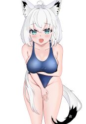 Rule 34 | 1girl, absurdres, ahoge, animal ear fluff, animal ears, blue one-piece swimsuit, blush, braid, breast lift, breasts, commentary request, earrings, fox ears, fox girl, fox tail, green eyes, green nails, hair between eyes, highres, hololive, jewelry, leaning forward, long hair, looking at viewer, medium breasts, one-piece swimsuit, open mouth, pentagram, rain (jckin), shirakami fubuki, sidelocks, simple background, single braid, solo, swimsuit, tail, virtual youtuber, white background, white hair