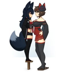 Rule 34 | 2girls, absurdres, animal ears, asymmetrical docking, bare shoulders, black eyes, black hair, black kimono, black legwear, breast press, breasts, brown hair, cleavage, closed mouth, collarbone, d-floe, fox ears, fox girl, fox tail, highres, japanese clothes, kimono, large breasts, looking at another, multiple girls, original, sandals, short hair, small breasts, smile, tail, thick eyebrows, thighhighs