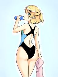 Rule 34 | 1girl, ass, back, blonde hair, competition swimsuit, drinking, green eyes, isaki (gomi), looking at viewer, looking back, mizuhashi parsee, one-piece swimsuit, pointy ears, solo, swimsuit, touhou, towel
