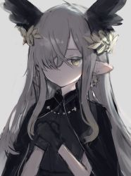 Rule 34 | 1girl, black cape, black dress, black gloves, cape, closed mouth, cross, cross earrings, dot nose, dress, earrings, gloves, grey background, grey hair, hair over one eye, hands up, head wings, highres, jewelry, laurel crown, long hair, looking at viewer, migihidari (puwako), original, own hands together, pointy ears, simple background, solo, upper body, wings, yellow eyes