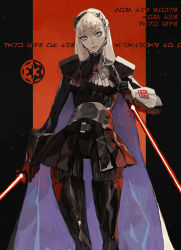 Rule 34 | 1girl, absurdres, am (star wars), black footwear, black hairband, black skirt, blonde hair, blue eyes, boots, breasts, commentary, dual wielding, energy sword, english commentary, galactic empire, hairband, highres, holding, holding sword, holding weapon, lightsaber, long hair, medium breasts, science fiction, skirt, solo, star wars, star wars: visions, subakeye, sword, thigh boots, thighhighs, weapon