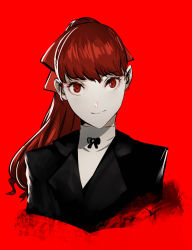 Rule 34 | 1girl, black bow, bow, closed mouth, ex-trident, face, highres, medium hair, persona, persona 5, persona 5 the royal, ponytail, red background, red bow, red eyes, red hair, simple background, smile, solo, turtleneck, yoshizawa kasumi