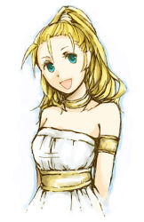 Rule 34 | 1990s (style), 1girl, armband, arms behind back, bare shoulders, blonde hair, choker, chrono (series), chrono trigger, dress, female focus, green eyes, himasen, long hair, lowres, marle (chrono trigger), open mouth, ponytail, solo, white background