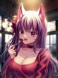 Rule 34 | 1girl, :d, animal ear fluff, animal ears, blurry, blurry background, breasts, cake, choker, cleavage, eating, flower, food, fork, fox ears, hair flower, hair ornament, hand up, highres, holding, holding fork, indoors, jewelry, kamishiro natsume, large breasts, long hair, long sleeves, looking at viewer, melty+, nail polish, necklace, neit ni sei, open mouth, purple hair, purple nails, red eyes, red shirt, ribbed shirt, shirt, smile, solo, upper body, virtual youtuber