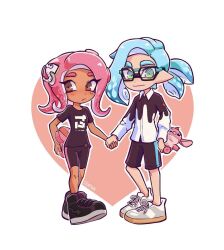 Rule 34 | 1boy, 1girl, bike shorts, black-framed eyewear, black shirt, black shorts, blue hair, blush, brown eyes, closed mouth, commentary, commission, english commentary, glasses, green eyes, hair ornament, hairclip, heart, heart background, hetero, highres, holding hands, inkling, inkling boy, inkling player character, medium hair, nintendo, octoling, octoling girl, octoling player character, pink hair, pointy ears, print shirt, red background, seatha, shirt, shorts, splatoon (series), standing, stitch (lilo &amp; stitch), tentacle hair, thick eyebrows, two-tone background, white background