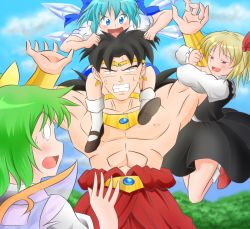 Rule 34 | 1boy, 3girls, black eyes, black hair, blonde hair, blue eyes, blue hair, blush, bracelet, broly (dragon ball z), carrying, cirno, clenched teeth, crossover, daiyousei, dragon ball, dragonball z, dress, earrings, green hair, hair ribbon, happy, ice, ice wings, jewelry, long hair, long sleeves, lots of jewelry, multiple girls, muscular, necklace, ohoho, open mouth, outstretched arms, puffy short sleeves, puffy sleeves, red eyes, ribbon, rumia, short hair, short sleeves, shoulder carry, smile, spiked hair, spread arms, sweatdrop, teeth, touhou, tree, vest, wings