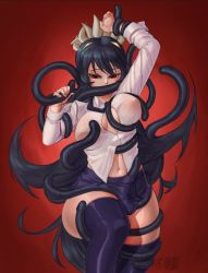 Rule 34 | 1girl, bound, bound arms, bound wrists, covered erect nipples, filia (skullgirls), long hair, navel, necktie, ourobot, pleated skirt, prehensile hair, red background, red eyes, restrained, samson (skullgirls), see-through, see-through shirt, skirt, skullgirls, solo, tentacles, thighhighs