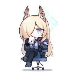 Rule 34 | 1girl, animal ear fluff, animal ears, black gloves, black pantyhose, blonde hair, blue archive, blue eyes, blue necktie, blue shirt, blue skirt, boots, chair, chibi, commentary request, crossed legs, cup, dog ears, extra ears, gloves, halo, highres, holding, holding cup, jacket, kanna (blue archive), long hair, long sleeves, necktie, notched ear, office chair, open clothes, open jacket, open mouth, pantyhose, shirt, sidelocks, simple background, sitting, skirt, solo, swivel chair, tosankaku, white background