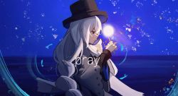 Rule 34 | 1girl, arknights, black hat, black shirt, blue background, braid, english text, from side, hai si yi zhi, hat, highres, holding, long hair, long sleeves, looking down, official alternate costume, own hands together, parted lips, profile, red eyes, shirt, simple background, solo, specter (arknights), specter (undercurrent) (arknights), upper body, very long hair, white hair, wide sleeves