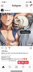 Rule 34 | 1boy, 1other, alternate costume, alternate hairstyle, animal, blue hair, cat, cigarette, collarbone, cu chulainn (fate), cu chulainn (fate/stay night), earrings, english text, fake screenshot, fate/stay night, fate (series), g0ringo, hair down, highres, instagram, instagram logo, jewelry, long hair, male focus, muscular, muscular male, open clothes, open shirt, red eyes, siamese cat, slit pupils