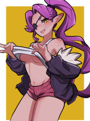 Rule 34 | + +, 1girl, amazu (kurozu), black jacket, blush, breasts, clothes lift, commentary, english commentary, eyepatch, fang, fang out, forehead, fur-trimmed jacket, fur trim, jacket, lifting own clothes, long hair, long sleeves, looking at viewer, medium breasts, navel, off shoulder, open clothes, open jacket, orange eyes, original, parted bangs, parted lips, pink shorts, pointy ears, ponytail, puffy long sleeves, puffy sleeves, purple hair, short shorts, shorts, sleeves past wrists, solo, tank top, tongue, tongue out, two-tone background, underboob, very long hair, white background, white tank top, yellow background