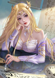 Rule 34 | 1girl, artist request, bare shoulders, blonde hair, detached collar, detached sleeves, douluo dalu, dress, hanging scroll, head tilt, highres, holding, holding brush, light particles, looking at viewer, lying, on side, parted lips, qian renxue (douluo dalu), scroll, second-party source, solo, sparkle, teeth, upper body, white dress, writing
