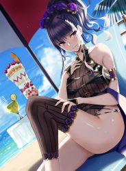 Rule 34 | 1girl, absurdres, armlet, bare shoulders, black gloves, black one-piece swimsuit, breasts, covered navel, fate/grand order, fate (series), fingerless gloves, flower, gloves, gold trim, hair flower, hair ornament, hair up, half gloves, highleg, highleg swimsuit, highres, large breasts, long hair, looking at viewer, murasaki shikibu (fate), murasaki shikibu (swimsuit rider) (fate), murasaki shikibu (swimsuit rider) (first ascension) (fate), nicky w, one-piece swimsuit, purple eyes, purple hair, solo, swimsuit, thighs
