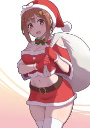 Rule 34 | 1girl, atelier (series), atelier ryza, belt, breasts, brown eyes, brown hair, christmas, cleavage, drawfag, fur-trimmed headwear, fur trim, gloves, hair ornament, hairclip, hat, highres, holding, holding sack, looking at viewer, medium breasts, open mouth, red gloves, red shorts, red skirt, reisalin stout, sack, santa hat, short hair, short shorts, shorts, skirt, smile, solo, star (symbol), thighhighs