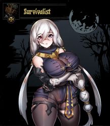 Rule 34 | 1girl, atelier (series), atelier ryza, atelier ryza 1, black background, black bodysuit, bodysuit, breasts, cleavage, cowboy shot, darkest dungeon, expressionless, full moon, heterochromia, large breasts, lila decyrus, long hair, looking at viewer, moon, niur, parted lips, purple eyes, red eyes, solo, standing, twintails, white hair