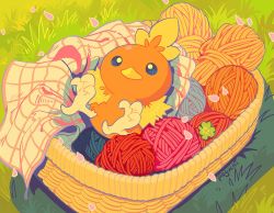 Rule 34 | artist name, basket, blue eyes, closed mouth, commentary, creatures (company), day, from above, game freak, gen 3 pokemon, grass, lying, nintendo, no humans, on back, outdoors, pegushi, petals, pokemon, pokemon (creature), solo, torchic, watermark, yarn, yarn ball