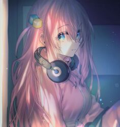 Rule 34 | 1girl, blue eyes, bocchi the rock!, breasts, commentary, commentary request, cube hair ornament, gotoh hitori, hair between eyes, hair ornament, hair over eyes, headphones, headphones around neck, here (hr rz ggg), highres, jacket, large breasts, long hair, looking to the side, one side up, partial commentary, pink hair, pink jacket, track jacket