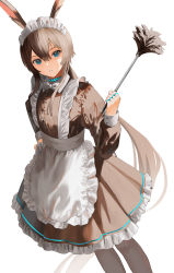 Rule 34 | 1girl, absurdly long hair, absurdres, alternate costume, amiya (arknights), animal ears, apron, arknights, black dress, black pantyhose, blue coat, blue collar, blue eyes, brown hair, coat, collar, dress, duster, dutch angle, enmaided, feather duster, feet out of frame, female focus, frilled dress, frills, hair between eyes, highres, holding, holding duster, jewelry, jun (inrshun), long hair, long sleeves, looking at viewer, maid, maid apron, maid headdress, multiple rings, neck ring, pantyhose, parted lips, ponytail, rabbit ears, rabbit girl, ring, sidelocks, simple background, solo, very long hair, white apron, white background