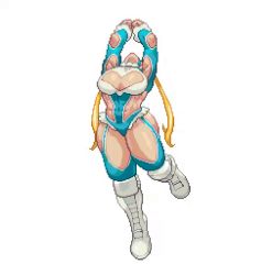 Rule 34 | 1girl, abs, animated, animated gif, blonde hair, blue eyes, blue leotard, boots, bouncing breasts, breasts, cleavage, cleavage cutout, clothing cutout, jumping, large breasts, leotard, long hair, mask, muscular, muscular female, pixel art, rainbow mika, revealing clothes, shoulder cutout, solo, street fighter, street fighter v, thick thighs, thighs, twintails, white legwear, wrestling outfit, yaa