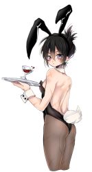 Rule 34 | 1boy, alcohol, androgynous, animal ears, ass, black hair, crossdressing, cup, detached collar, drinking glass, facial mark, fake animal ears, fake tail, hair between eyes, highleg, highleg leotard, leotard, lips, looking at viewer, looking back, male focus, male playboy bunny, mouse ears, one-punch man, onsoku no sonic, pantyhose, parted lips, playboy bunny, purple eyes, rabbit ears, rabbit tail, scar, seitarou, shiny skin, short hair, simple background, skindentation, solo, sweat, sweatdrop, tail, torn clothes, trap, tray, white background, wine, wine glass, wrist cuffs