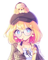 Rule 34 | 1girl, animal print, artist name, aya chan1221, badge, bespectacled, blonde hair, blue eyes, bow, bowtie, bubba (watson amelia), button badge, cabbie hat, collarbone, commentary, cosmetics, dog, dog print, earrings, english commentary, glasses, hair between eyes, hair ornament, hat, heart, heart earrings, highres, holding, holding lipstick tube, hololive, hololive english, jacket, jewelry, key, key necklace, lipstick tube, long sleeves, looking at viewer, magnifying glass, necklace, parted lips, plaid, plaid jacket, puffy long sleeves, puffy sleeves, short hair, sidelocks, simple background, virtual youtuber, watson amelia, white background, x hair ornament