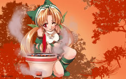 Rule 34 | 1girl, blonde hair, blush, boots, cooking, detached sleeves, dlsite.com, earrings, fire, fish, grill, grilling, hand fan, hat, highres, jewelry, knee boots, long hair, malino (dream maker), one eye closed, paper fan, premium-chan, red eyes, saury, shichirin, smoke, solo, twintails, uchiwa, wink