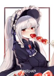 Rule 34 | 1girl, blush, border, breasts, dolechan, dripping, dungeon and fighter, eating, food, fruit, gothic lolita, headdress, large breasts, lolita fashion, long sleeves, looking at viewer, plate, red eyes, silver luster tagore, skewer, solo, strawberry, twintails, upper body, white background, white hair