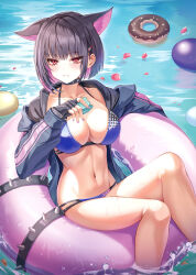 Rule 34 | 1girl, absurdres, animal ears, bikini, black hair, black jacket, blue archive, blue bikini, blush, bnari, breasts, cat ears, choker, cleavage, collarbone, colored inner hair, eating, extra ears, food, hair ornament, hairclip, highres, innertube, jacket, kazusa (blue archive), large breasts, looking at viewer, macaron, multicolored hair, navel, open clothes, open jacket, pink hair, red eyes, short hair, solo, swim ring, swimsuit, thighs