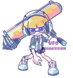 Rule 34 | 1boy, blonde hair, blue hair, closed mouth, commentary request, commission, dynamo roller (splatoon), full body, green necktie, headphones, highres, holding, holding weapon, inkling, inkling boy, inkling player character, korean commentary, male focus, necktie, nintendo, pink necktie, shoes, short hair, simple background, smile, solo, splatoon (series), splatoon 3, standing, striped necktie, tentacle hair, two-tone necktie, ufo sw, weapon, white background