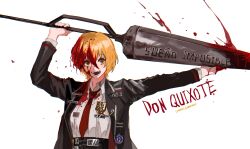 Rule 34 | arms up, badge, black jacket, blonde hair, blood, blood in hair, blood on clothes, blood on face, blood on hands, bloody weapon, brown eyes, character name, choroi amachori, copyright name, crossed bangs, don quixote (project moon), dress shirt, english text, hair between eyes, high-waist pants, highres, holding, holding polearm, holding weapon, jacket, lance, limbus company, long sleeves, looking at viewer, loose necktie, necktie, open clothes, open jacket, open mouth, outstretched arm, pants, polearm, project moon, red necktie, shirt, short hair, smile, spanish text, upper body, weapon, white background