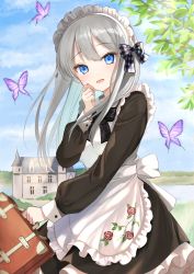Rule 34 | 1girl, absurdres, apron, ascot, back bow, blue eyes, blush, bow, bug, butterfly, day, dress, floral print, frilled apron, frills, grey hair, hair bow, hand on own face, highres, holding, holding suitcase, insect, long hair, long sleeves, maid, mansion, neck ribbon, open mouth, original, outdoors, petticoat, plaid, plaid bow, pond, print ascot, ribbon, rose print, scenery, sky, smile, solo, suitcase, yaminabe (szhal14)