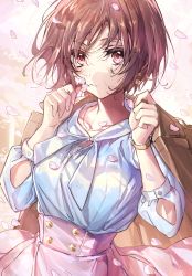Rule 34 | 1girl, blouse, blush, breasts, brown hair, buttons, cherry blossoms, closed mouth, collarbone, cowboy shot, day, earrings, flower, highres, holding, holding flower, jacket, jacket on shoulders, jewelry, long sleeves, looking at viewer, medium breasts, necklace, original, petals, pink eyes, shirt, short hair, skirt, solo, wata (attaka towel)